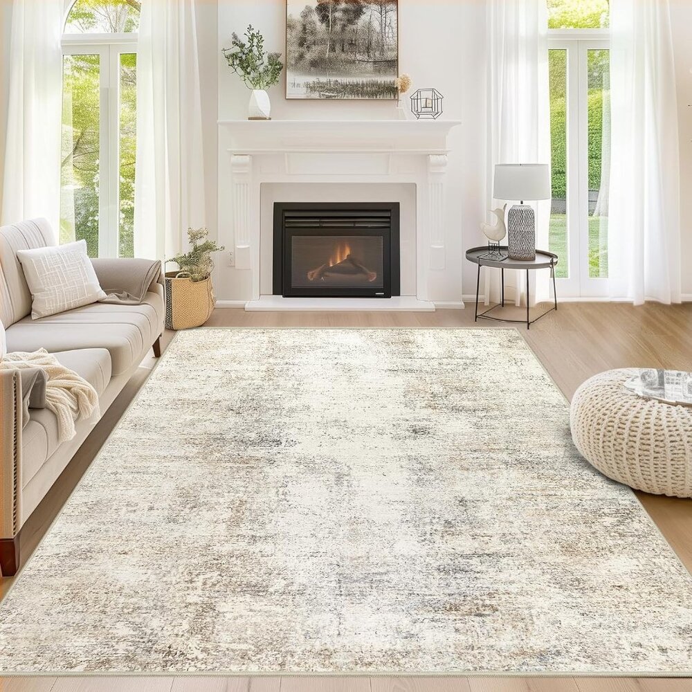 New 5x7 Beige Abstract Area Rug, Washable Non-Slip Soft Modern Carpet for Home